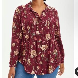 Torrid Floral Textured Stretch Rayon Purple Floral Lace Trim Tunic Size 1